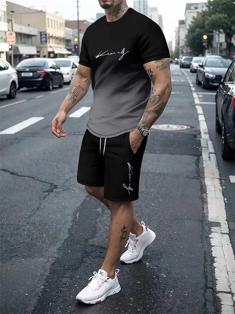 2025 New Summer Mens Sportswear Mens Loose Fashion Clothing 3D Printed T-shirt Mens Simple Fashion Set LiXJ250412