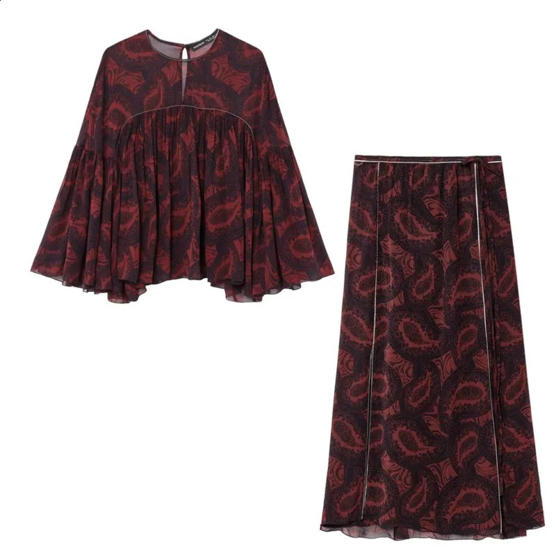 Women Printed Midi Skirt Set Women Spring 2 Piece Casual Pleated Print Silk Textured Shirt High Waist Skirts Women Outfits 250411