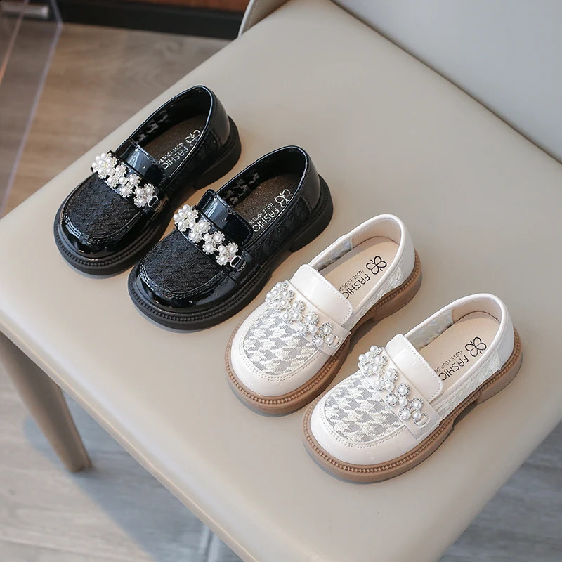 Girl Loafers Princess Lace Dress Girl Baby Shoes Oxford Apartment Childrens Church Uniform Moccasins Black Beige 250411