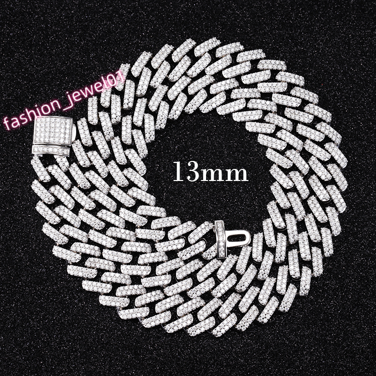 Ready to Ship 2rows 13mm S925 Sterling Silver Men HipHop Diamond Necklace VVS Moissanite Cuban Link Chain