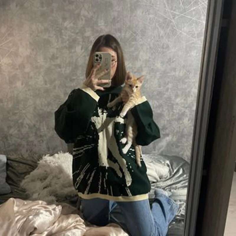 Green Hip Hop Street Gothic Wool Vintage Pullover Knitted For Men And Women Y2k Haruku Punk Style Sweater EMO
