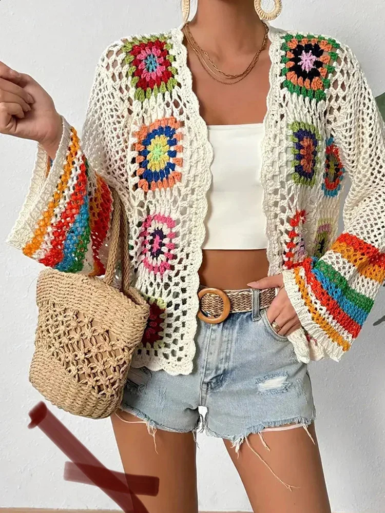 Abrini Women Vintage Boho Long Sleeves Cardigan Chic Floral Hollow Knitted Shirt Casual Beach Vacation Women Cardigan Coat 250411