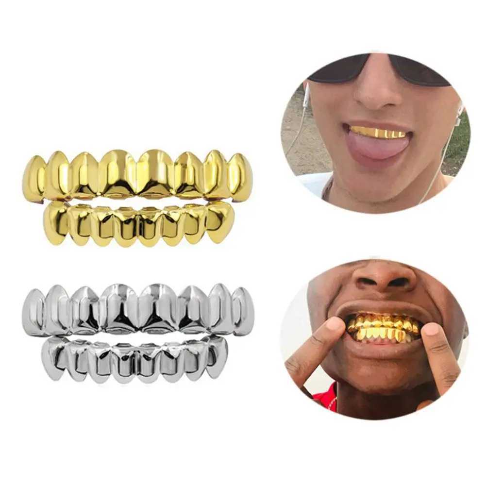 Gold plated silver plated HIP HOP teeth Grillz top and bottom grill set with genuine silicone shiny teeth set W250412