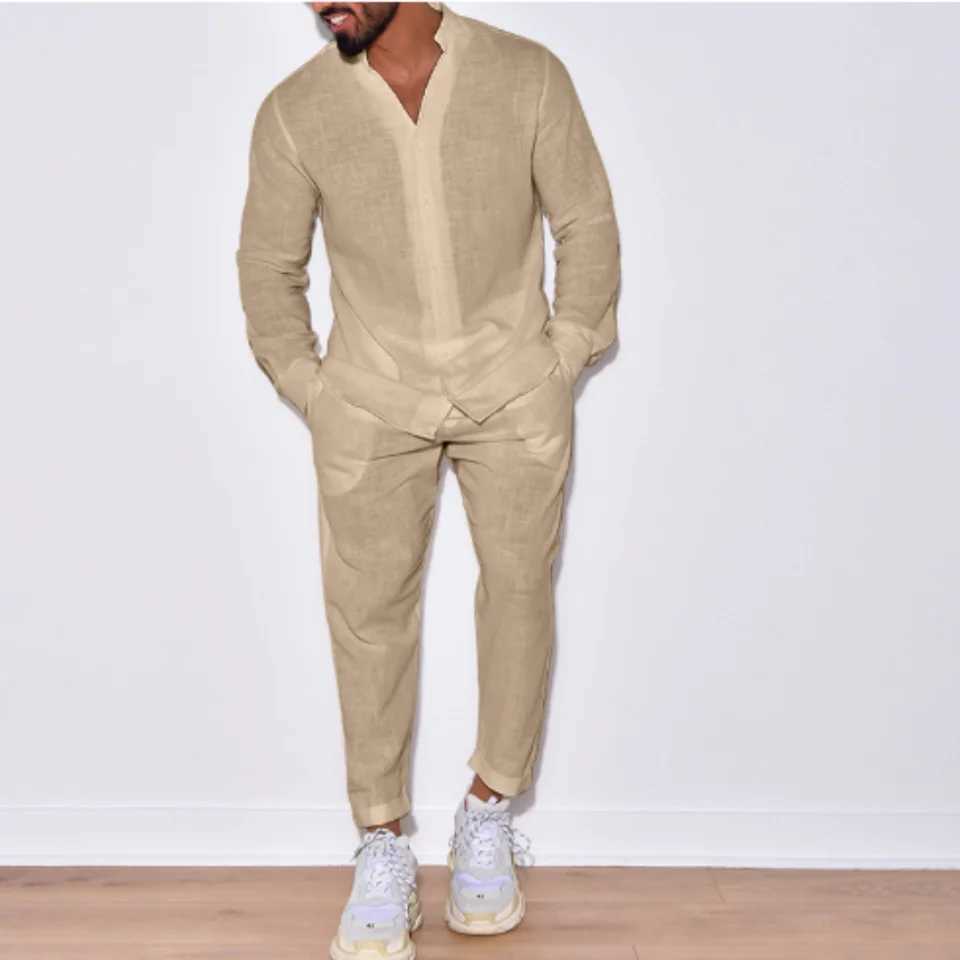 Autumn mens new fashion casual linen long sleeved full set single chest solid color button setXJ250412