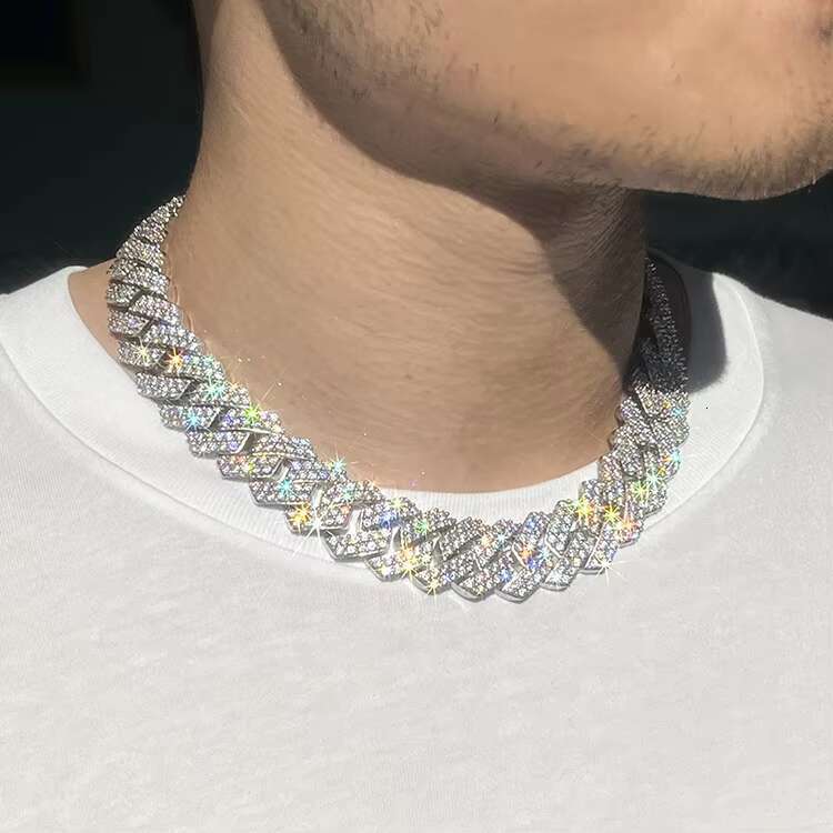 20mm 2-Row Cuban Chain in Silver VVS Moissanite With Passed Diamond Test Hip-hop Necklaces Gift Main Material Gold Pearl Stone