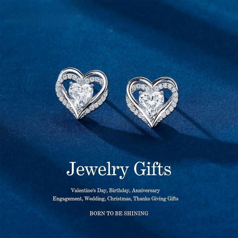 Stud Earrings, Sier Plated Round D Color VVS1 Clarity Moissanite Women Birthday Gift, Anniversary Gift Women's Heart Shape Earrings