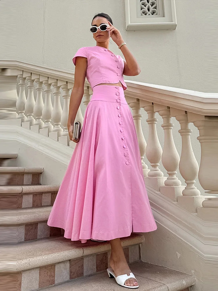 Women Vest Skirt Suit Solid O-neck Single Breasted Short Sleeve Short Top Button Wide Leg Skirts Female Summer Lady Beach Wears 250411