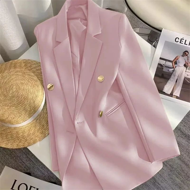 Womens elegant metal buckle white suit jacket casual office womens highend feeling Western style clothing springsummer 2025 250407
