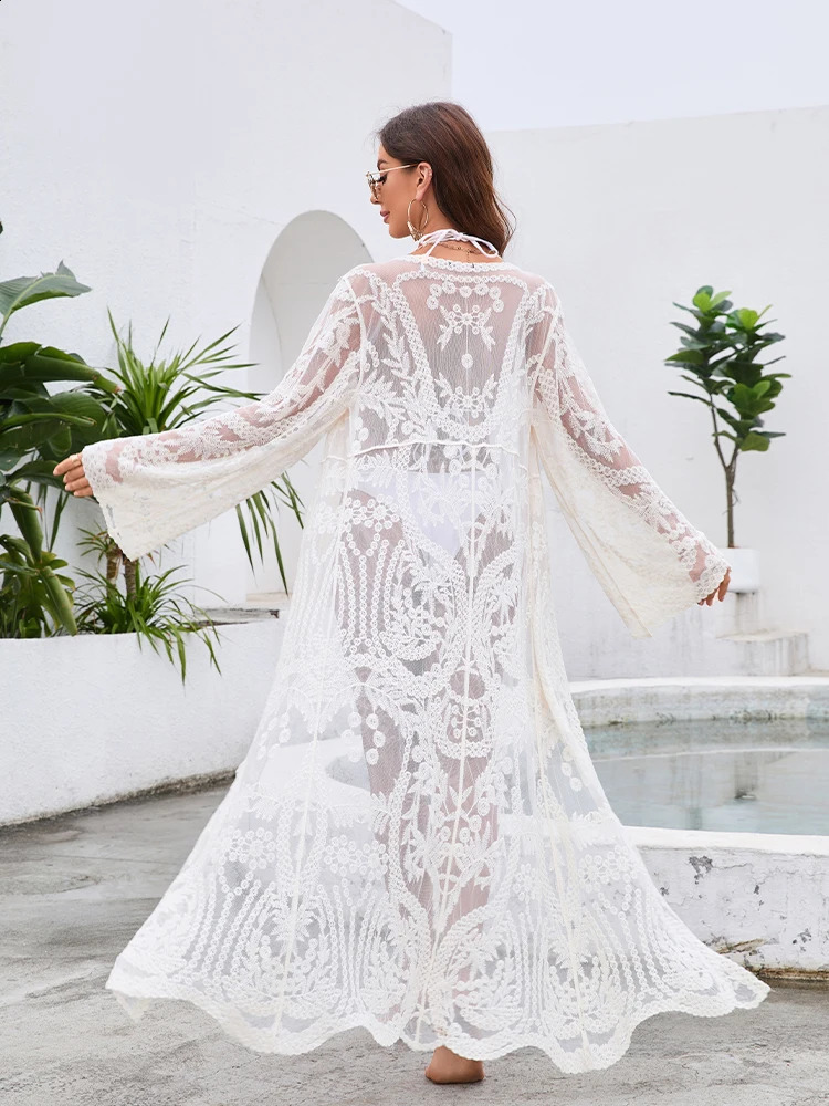 Women Beach Floral Mini Dress Bikini Cover-ups Lace Crochet Hollow Bathing Suit Swimsuit White Tunic Sarong Wrap Beachwear 250411