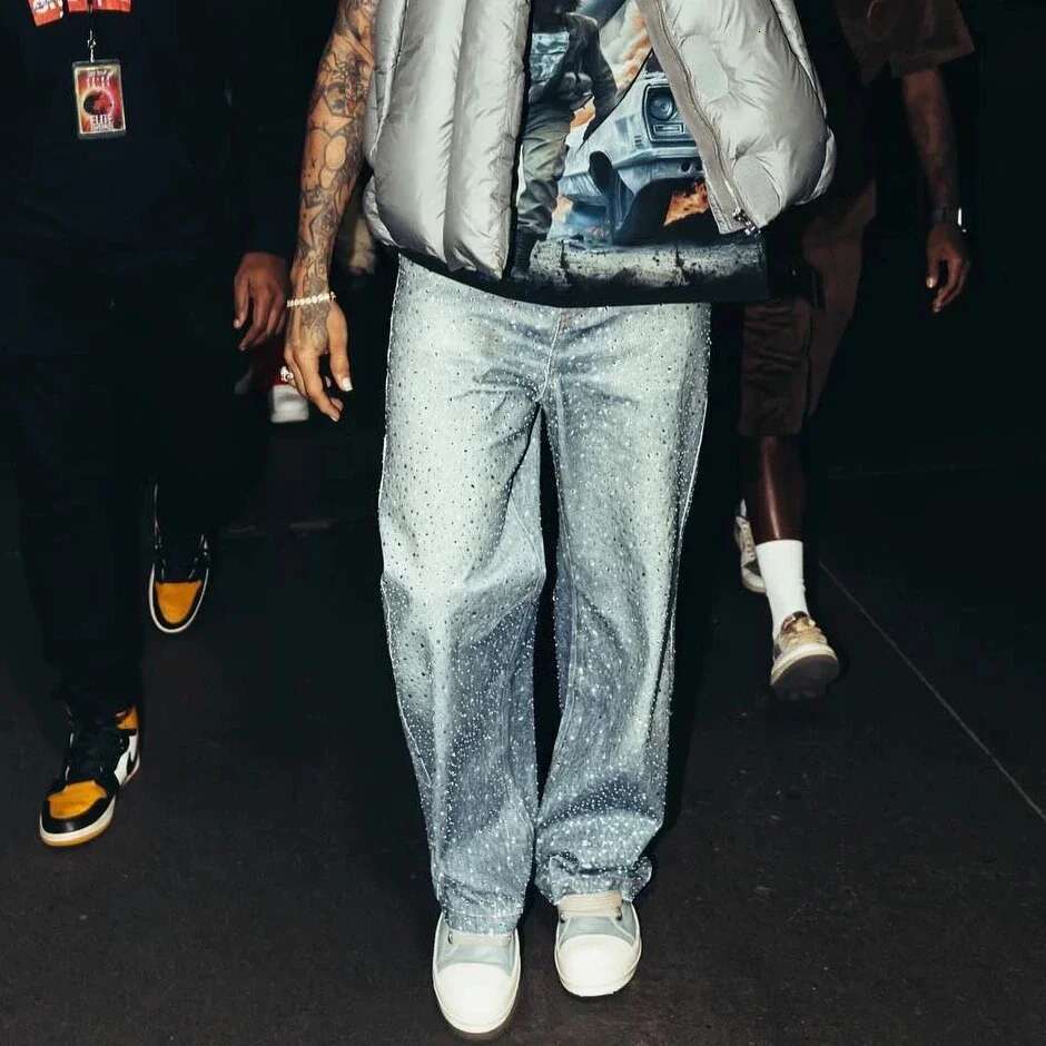 Full Rhie Print Washed Blue Baggy Jeans Mens And Women Ropa Hombre Streetwear Solid Casual Denim Trousers Loose Cargos