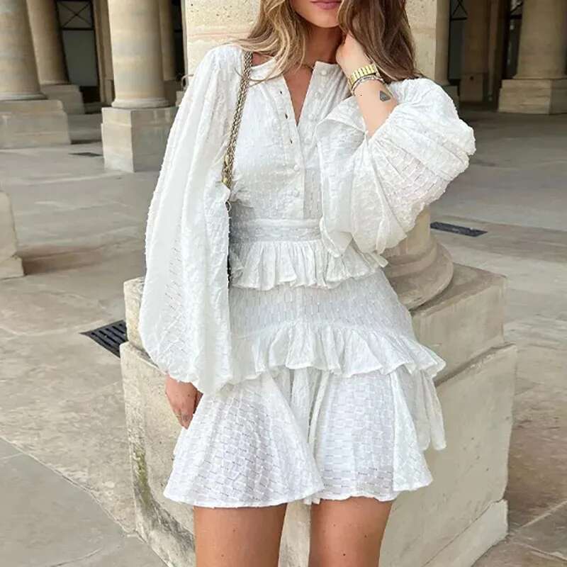Spring Autumn Lantern Sleeves White Casual Buttons Layered Party Elegant Women's O-neck Ruffled Loose Dress Vestidos
