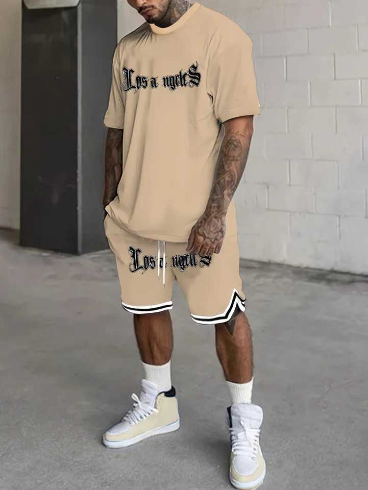 Los Angeles Xin Mens Casual Set Round Neck Short Sleeve Drawstring Short Sleeve Suitable for Daily Outdoor Sports in SummerXJ250412