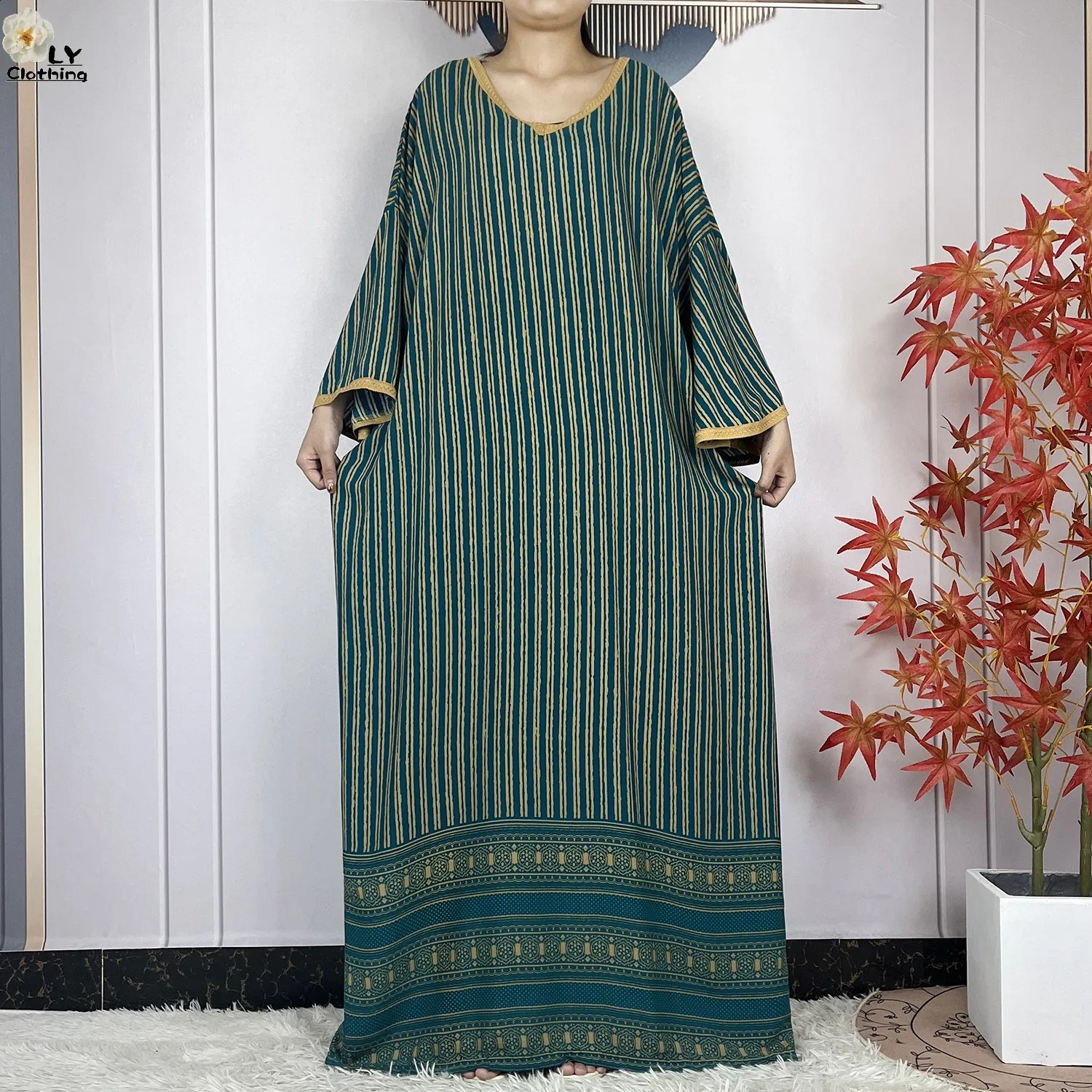 Dubai Muslim Set Cotton Dress Fashion Womens Loose Maxi Kaftan Stripe Printed African Islamic Clothing 250411