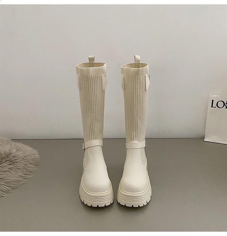 Long Boots Women Knitted Elastic Boots Retro Thick-soled Womens High Boots Knee-length Boots Elegant Boots and Women shoes 250411