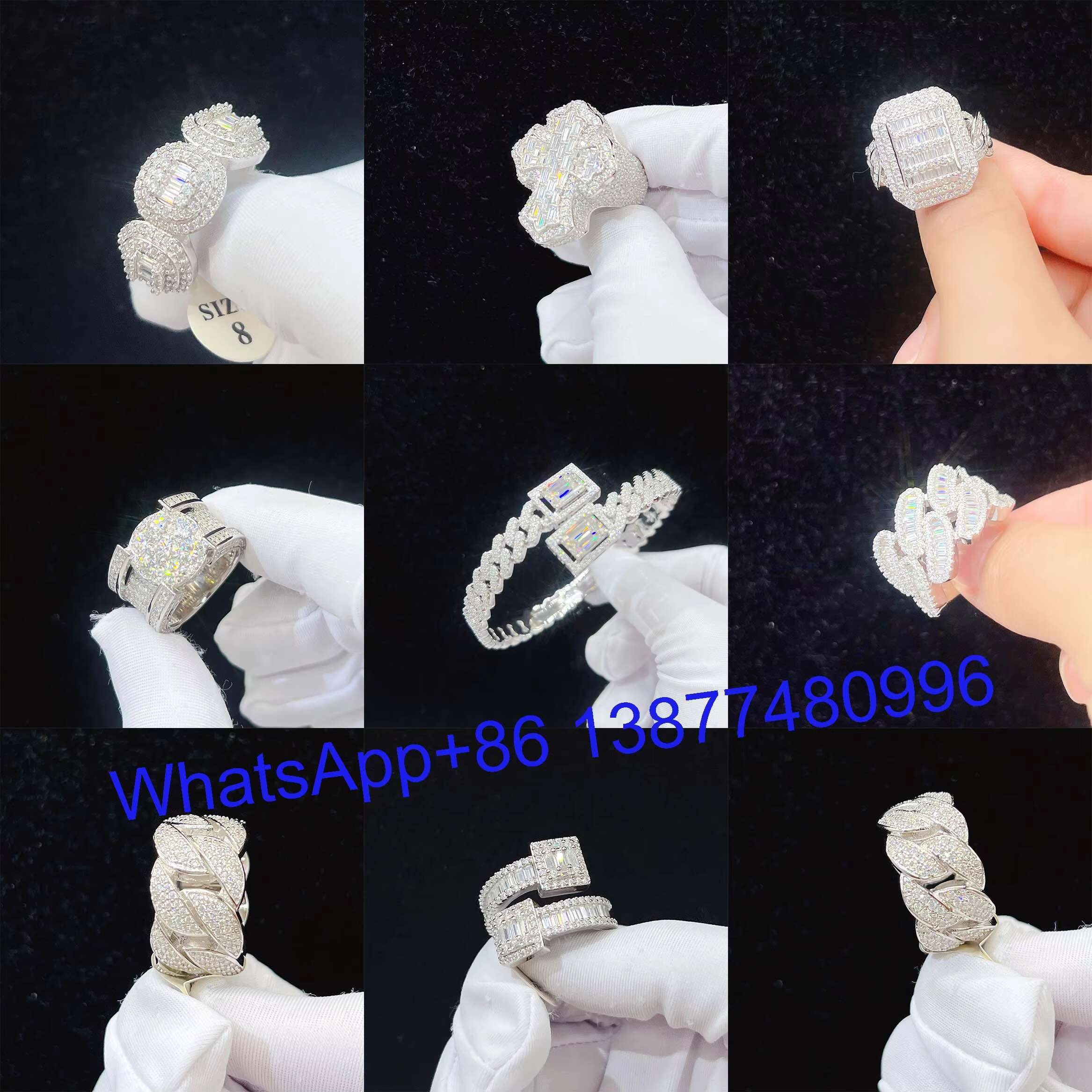 Hip Hop Fine Jewelry Ring Iced Out VVS Baguette Moissanite Diamond Silver or 10K 14K Real Gold Rings