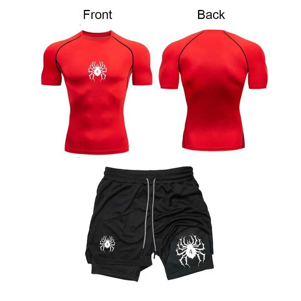 Mens Y2K skeleton printed sportswear fitness compression shirt+2-inch performance shorts summer fitness running set W250412