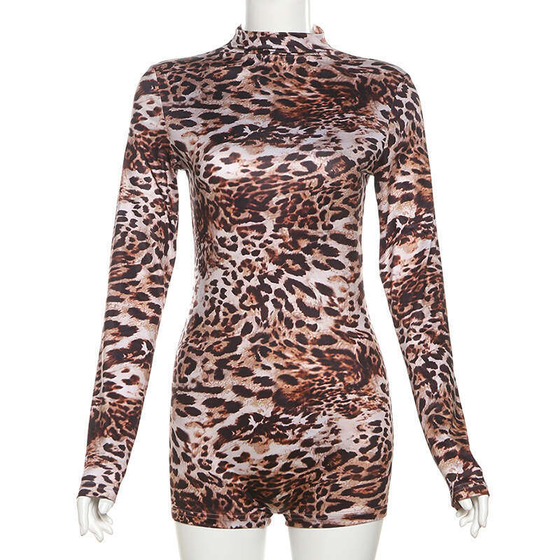Women's Wear Wind Autumn New Women's Fashion Trend Round Neck Long Sleeved Sexy Leopard Print Tight Fit Jumpsuit