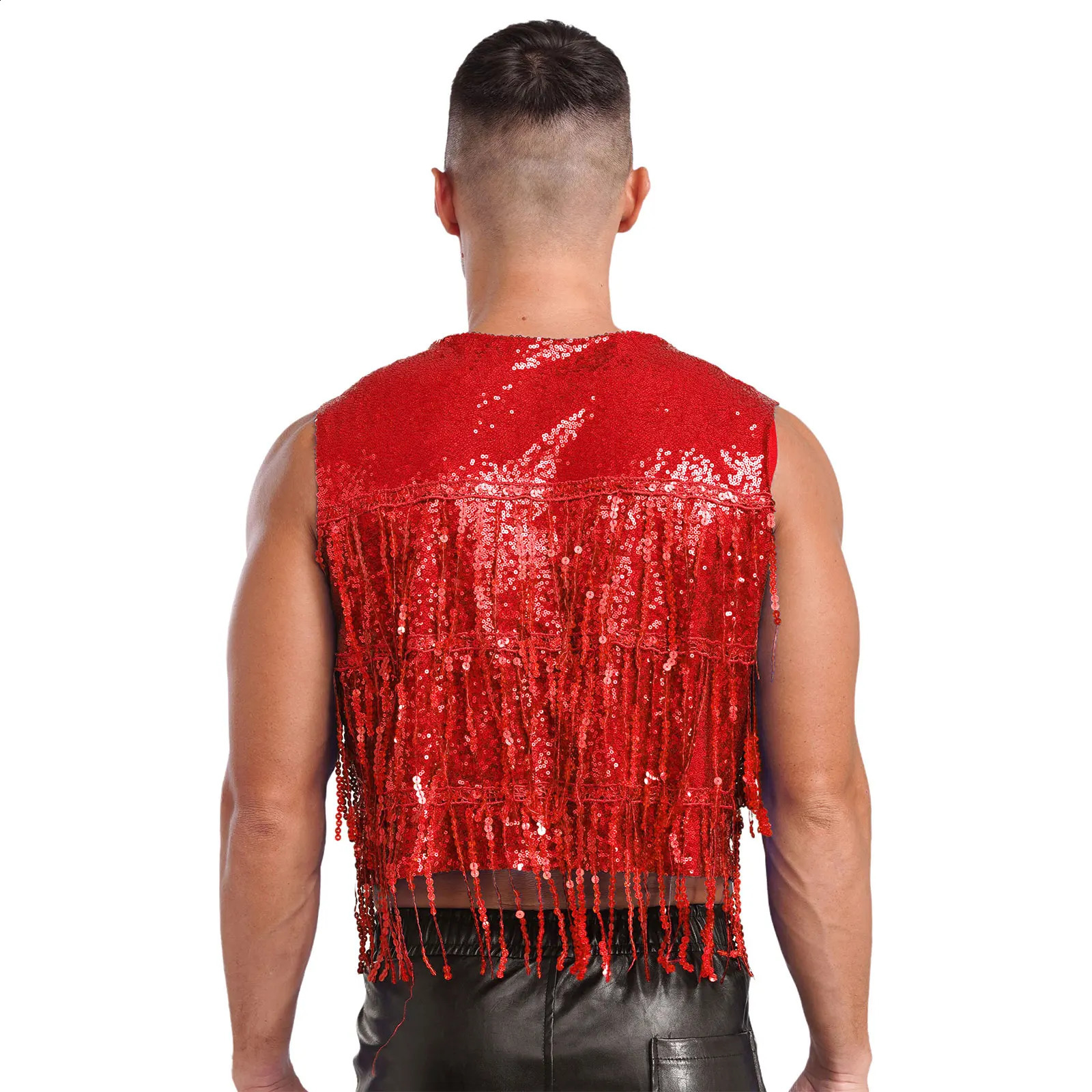 Men Shiny Sequins Club Dance Costume Vest Sleeveless Tassel Waistcoat Musical Festival Carnival Stage Performance Dancewear 250407