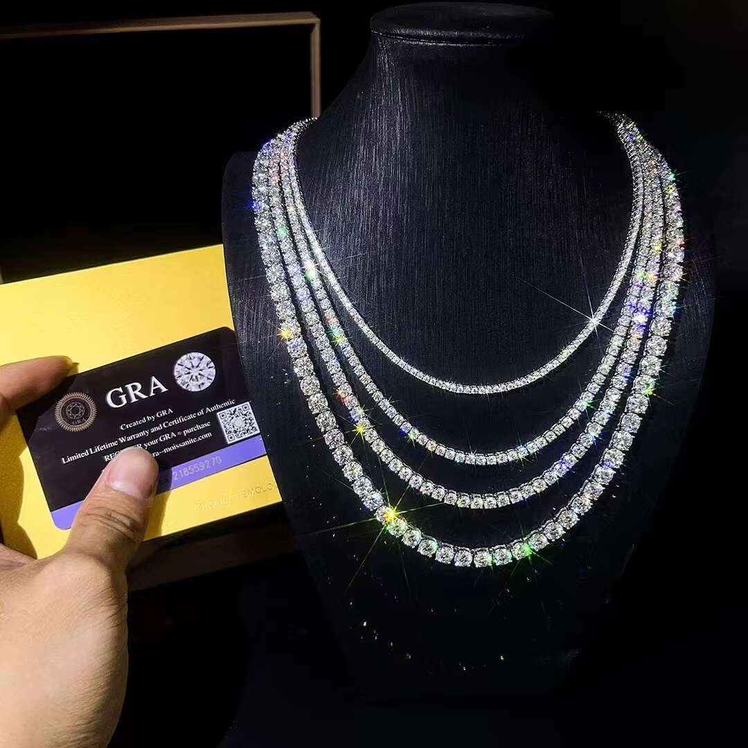 S925 Sterling Silver Moissanite Tennis Chain Inlaid with VVS Moissanite Hip-hop Bracelet Luxury Necklace