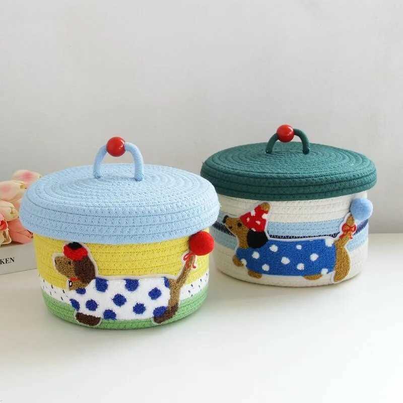 Cartoon Puppy Weaving Cotton Rope Storage Basket Hand Gift Box With Cover Round Snack Toy Organizer Box Y251112