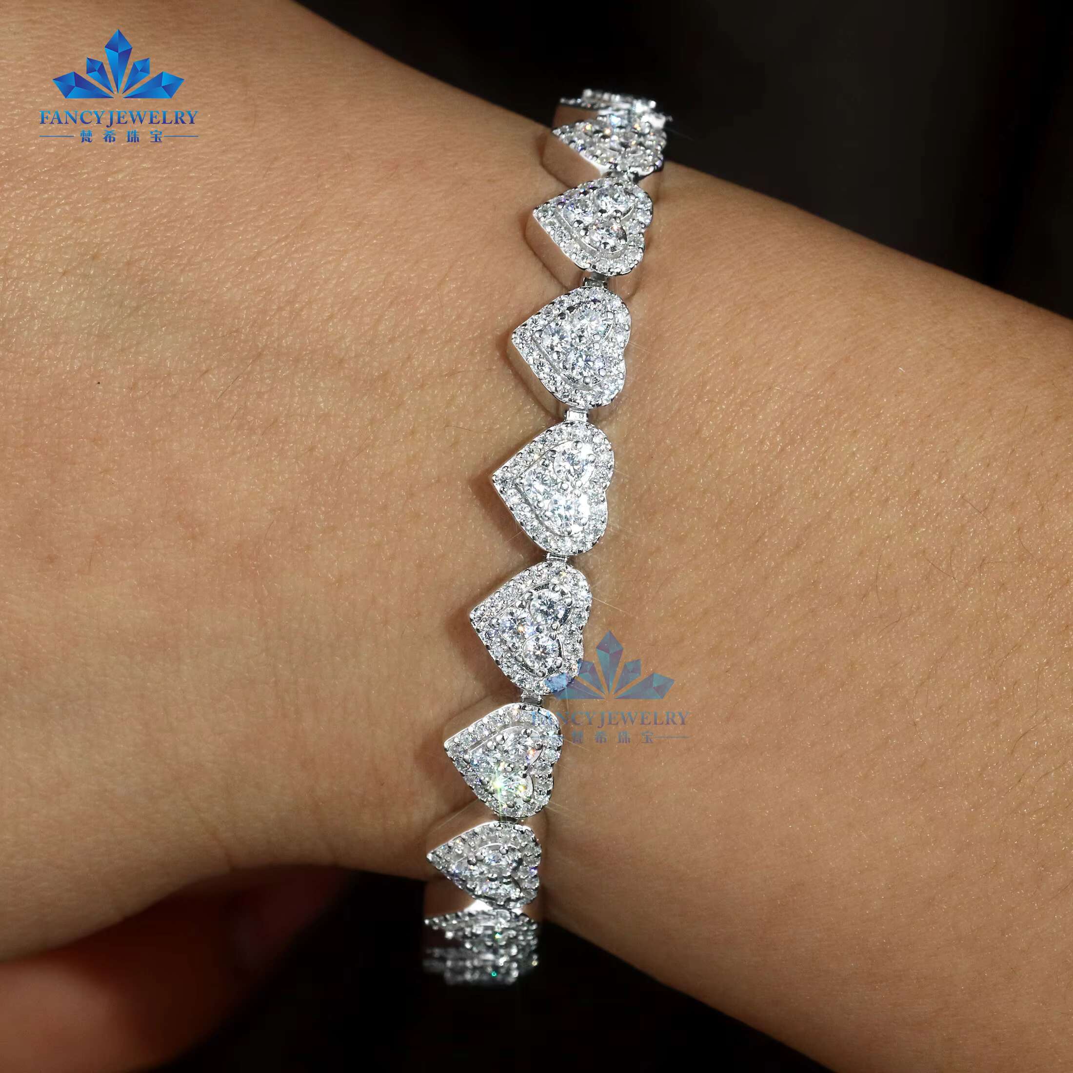Wholesale Rhodium Plated 925 Silver Charm Bracelet Hiphop Ice Out Heart Shape Moissanite Bracelet Bangles for Men Women