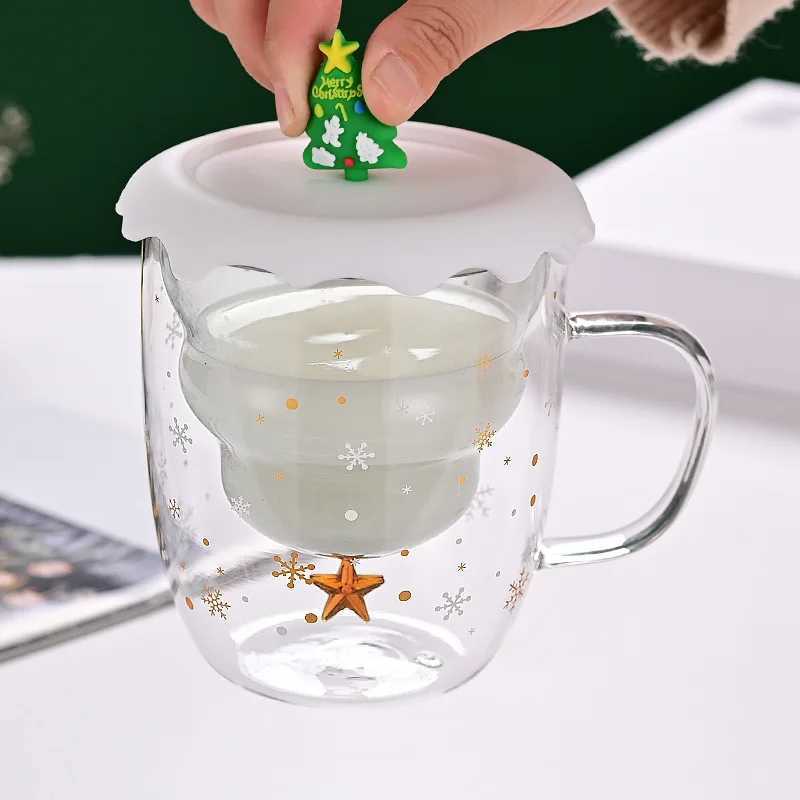 Christmas 300ml Christmas Theme Pink Green Blue Grey Double Wall Glass Cup with Silicone Lid Snow Man Christmas Tree Santa Decor 1 Piece Y251112