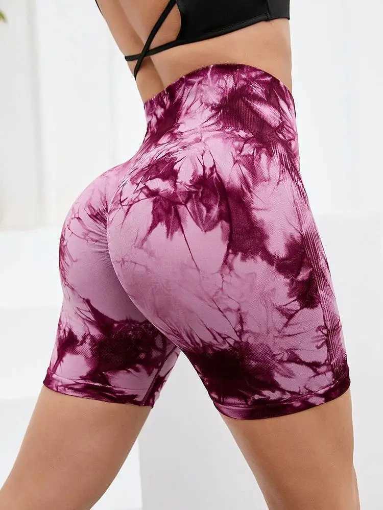 Tie dye hip enhancement sexy gym shorts womens tight elastic high waisted sports shorts casual seamless yoga pants Y250412