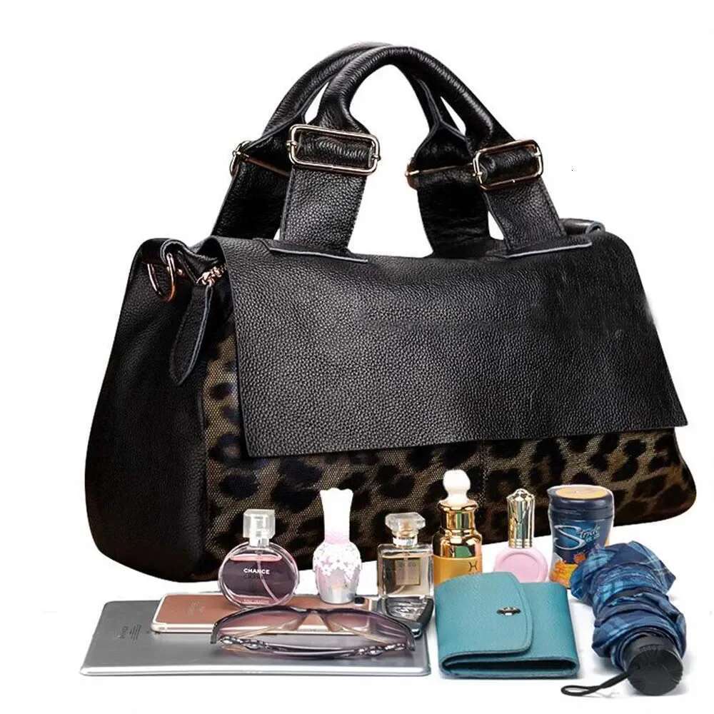 Designer Bag Fashion Genuine Leather Big Handbags Leopard Pattern Soft Cowhide Travel Tote Ladies Long Strap Shoulder Weekend Bags