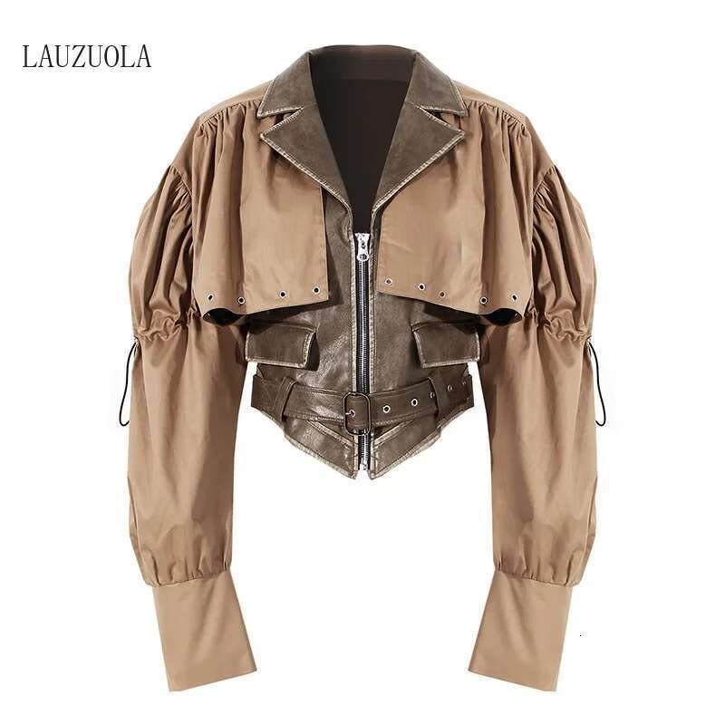 Two Piece Women Drawstring Cropped Jacket And PU Faux Leather Sleeveless Vest Matching Sets 2024 Autumn Winter Fashion Outerwear