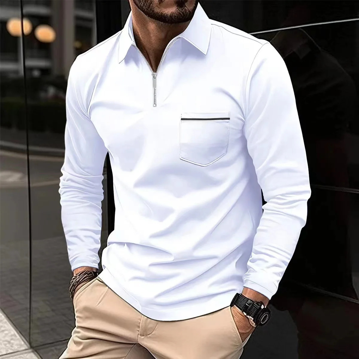 2024 Spring Autumn Solid Color Long Sleeve Polo Shirt Zipper Pocket Lapel Mens Casual Sports Long Sleeve Top Men 250409