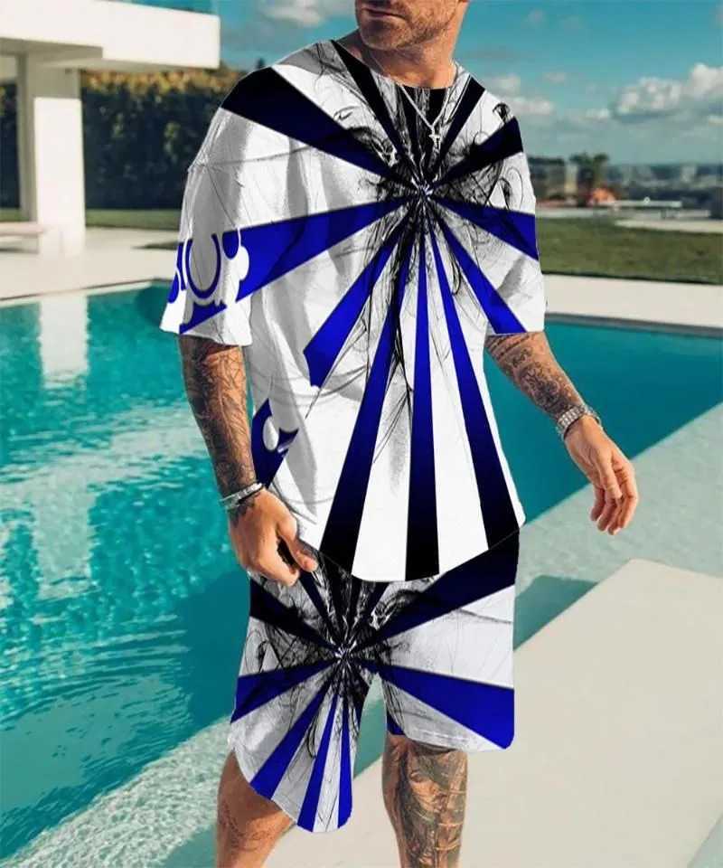 2024 new mens round neck T-shirt set with printed optical illusion pattern T-shirt two-piece set fashionable mens summer T-shirt setXJ250412