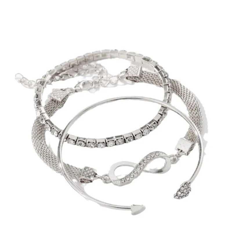 Vintage Set Silver Color Crystal Rhinestone Heart Bracelets for Women Fashion Geometric Adjustable Infinity Cuff Bangle JewelryC250411