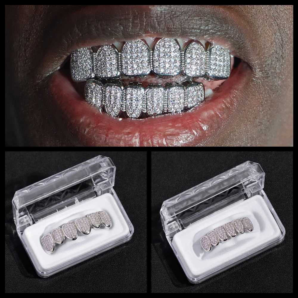Hip hop mens and womens ice cube cubic zirconia top and bottom teeth Grilz hat Bling CZ Micro Pave teeth Grills Halloween cosplay jewelry W250412
