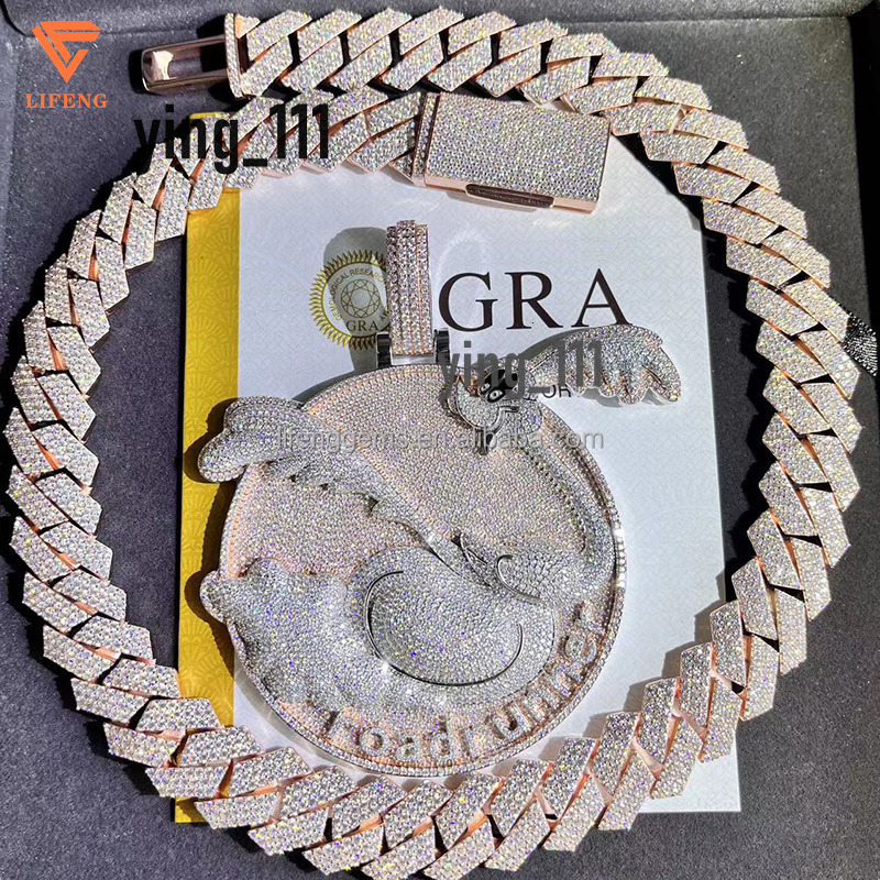 Fashion Design Solid Silver Gra Moissanite 18mm 20mm Wide Diamond Iced Out Pendant Necklace Cuban Link Chain for Rapper