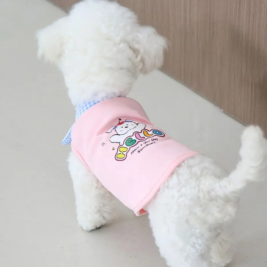 Spring and summer cute little dog cartoon print plaid collar cardigan princess style cat and dog clothes smaller than Xiong 250407
