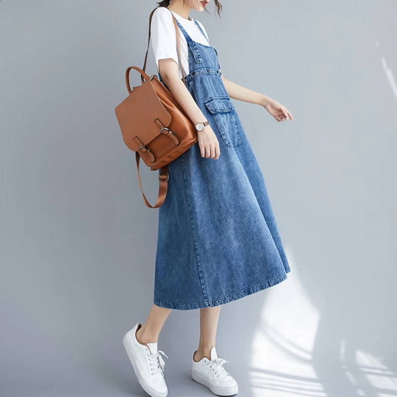 Wxw2107 summer full set spaghetti strap dress retro sleeveless denim loose Aline Midi with pockets 250411