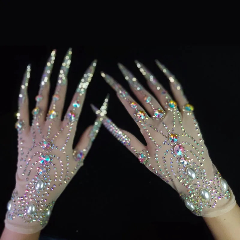 AB Rhinestones Pearls Plus Length Nails Gloves Women Fashion Drag Queen Outfit Nightclub Stage Performance Accessories 250408