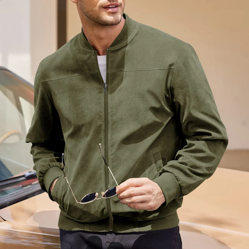 Suede Mens Spring and Autumn Jacket Retro Style Solid Color Zipper Windproof Motorcycle and Bomber Jacket 250411