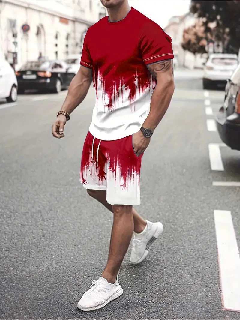 Fashion tie dye pattern mens two-piece summer 3D printed short sleeved T-shirt and short street trend mens set 6XL largeXJ250412