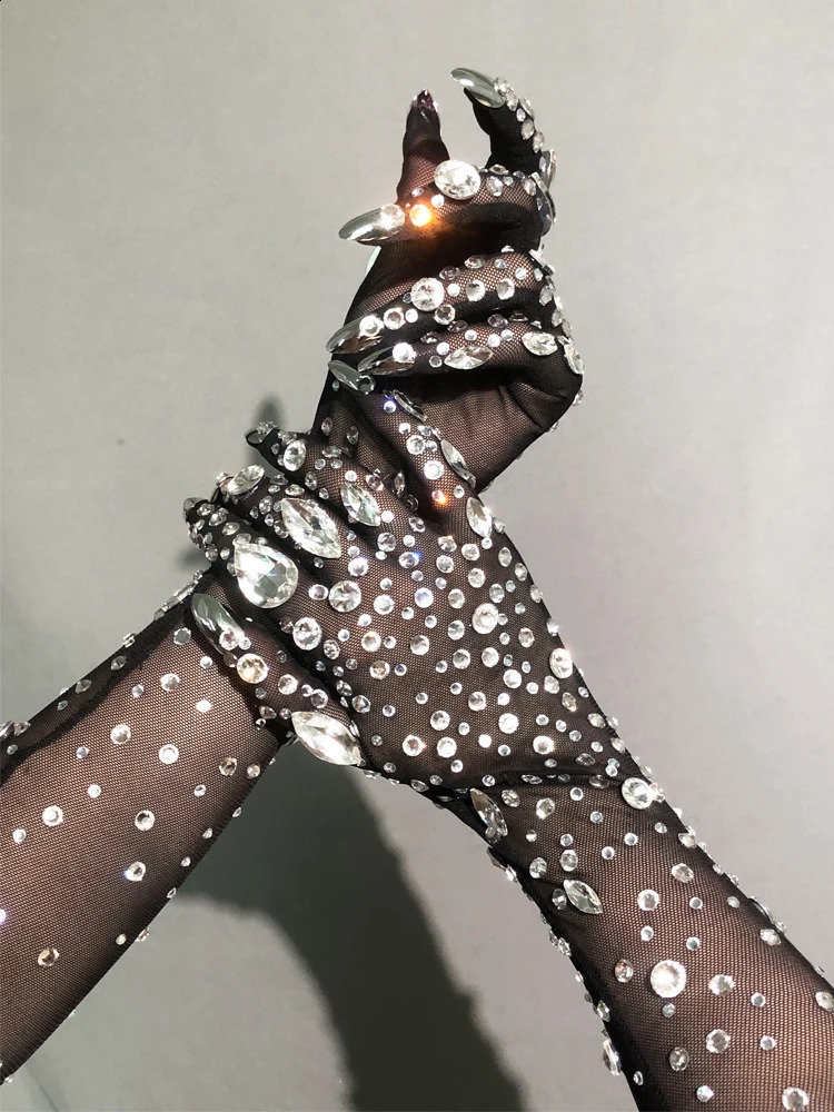 Mesh Black Gloves Shining Crystals Stones Long Mittens Rhinestones Stretch Transparent Bar Singer Party Stage Wear Accessories 250408