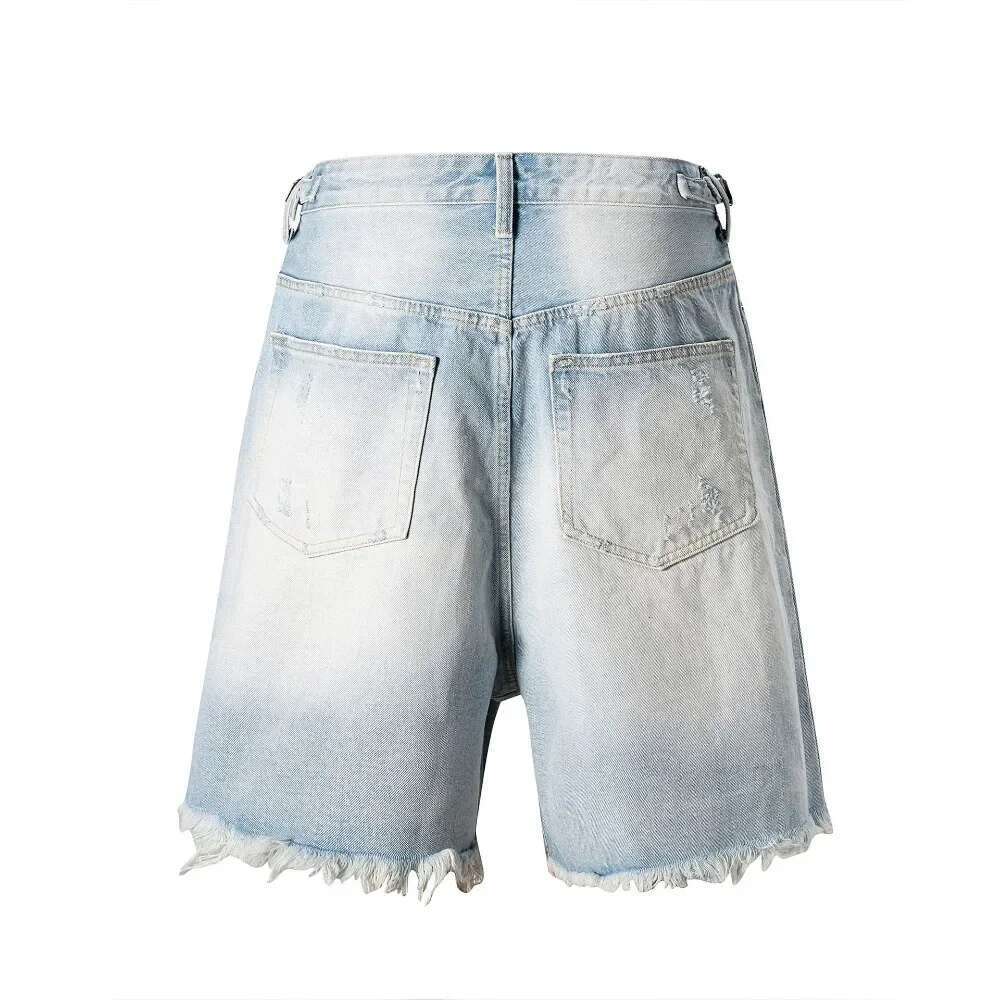 Washing Worn Cat Whisker Ripped Denim Shorts Hip Hop Jeans Retro Streetwear Jorts