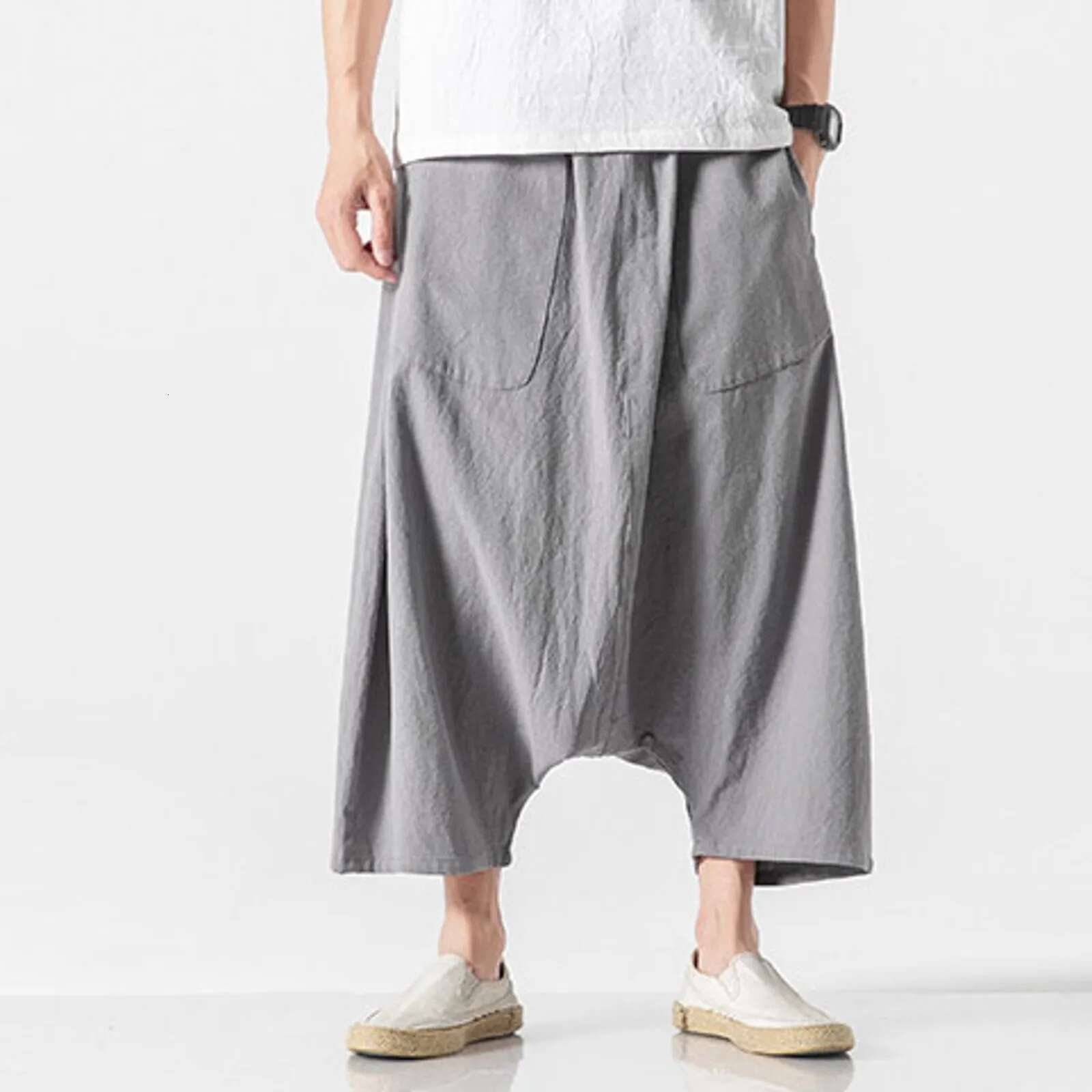 Mens Overalls Cotton Shorts Wide Leg Knee Length Men Casual Stretch Garment Parachute Pants Haruku Streetwear Y2k