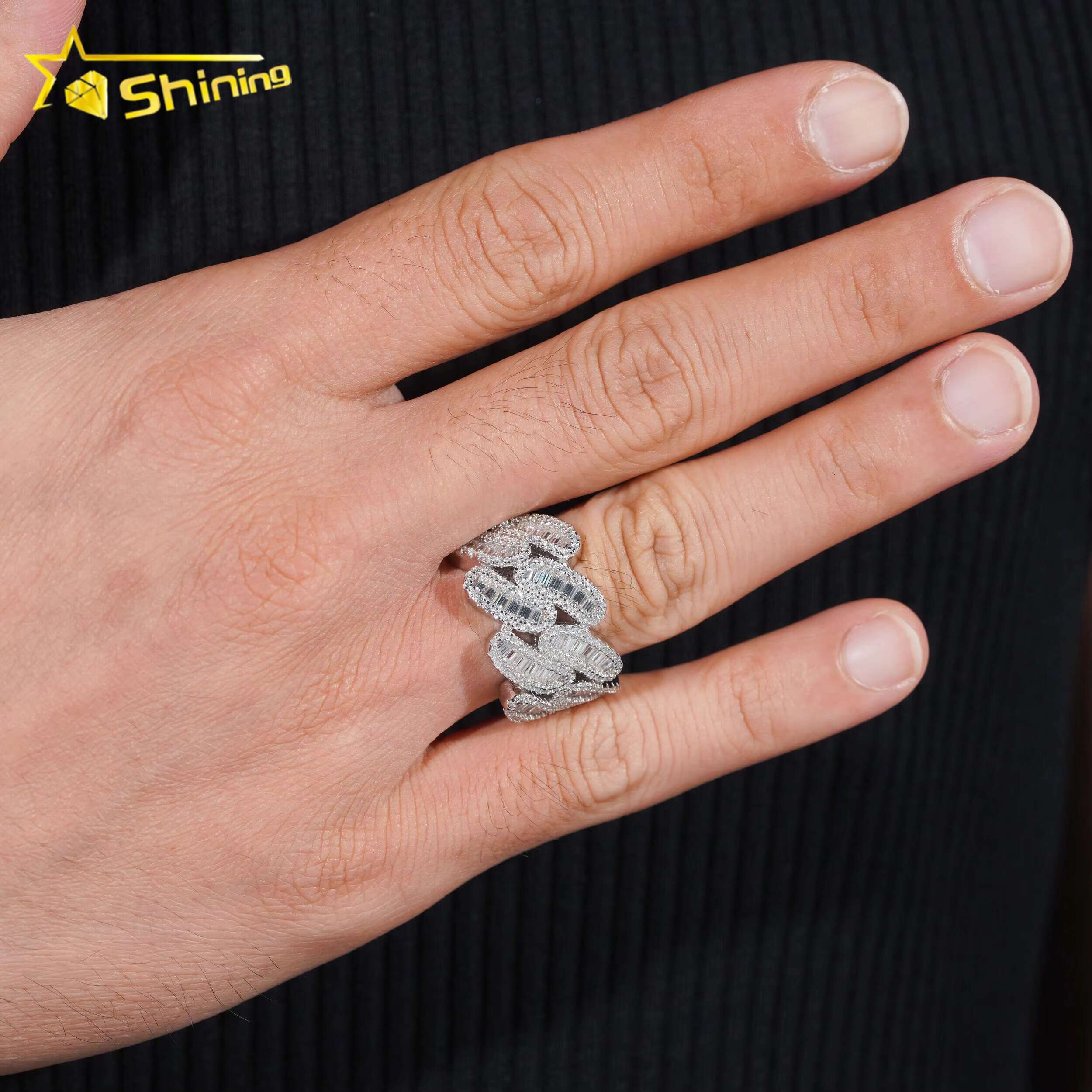 High Quality Iced Cuban Rings Baguette Diamond 925 Sterling Silver Hip Hop Moissanite Mens Ring