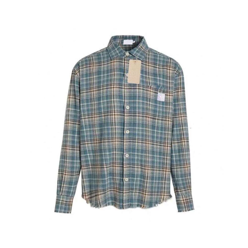 Cotton Brushed Embroidered Checkered Elements, Heavyweight Fringed Edge Shirt For Men And Women, Couple Style B5