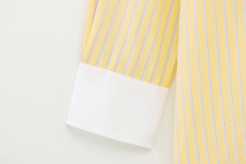 TRAFZA Women Casual Butter Yellow Shirt Striped Lapel Buttons Loose Shirt 2025 Spring Holidays High Street Versatile Shirts 250411