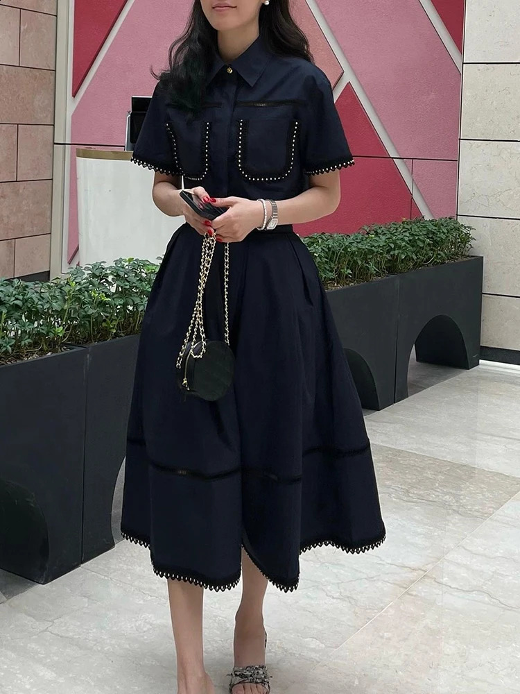 GALCAUR Elegant Two Piece Sets For Women Lapel Short Sleeve Tops High Waist A Line Pleated Skirts Solid Set Female Summer 250411