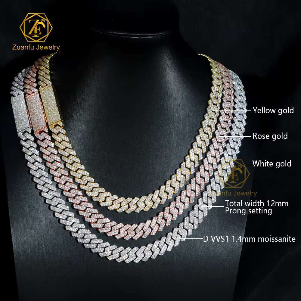 Custom 15mm Cuban Chain Hip Hop Iced Out Jewelry Moissanite Diamond 925 Sterling Silver Cuban Link Chain