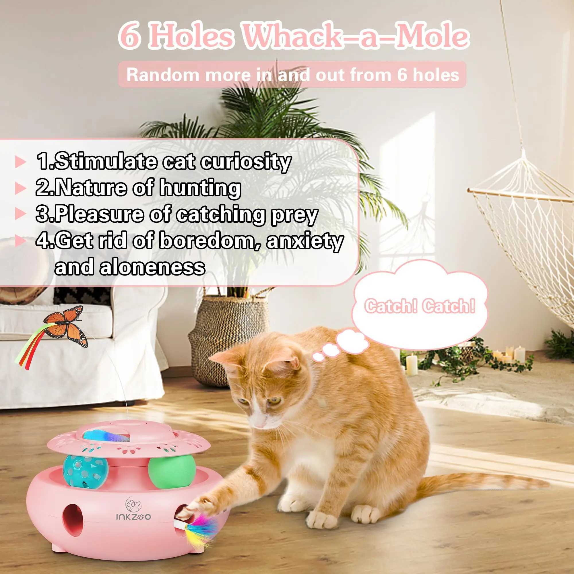 INKZOO 4-in-1 interactive cat toy suitable for indoor cats automatic 6-hole mouse impact on moles vibrating butterflies trackballs USB Y250412
