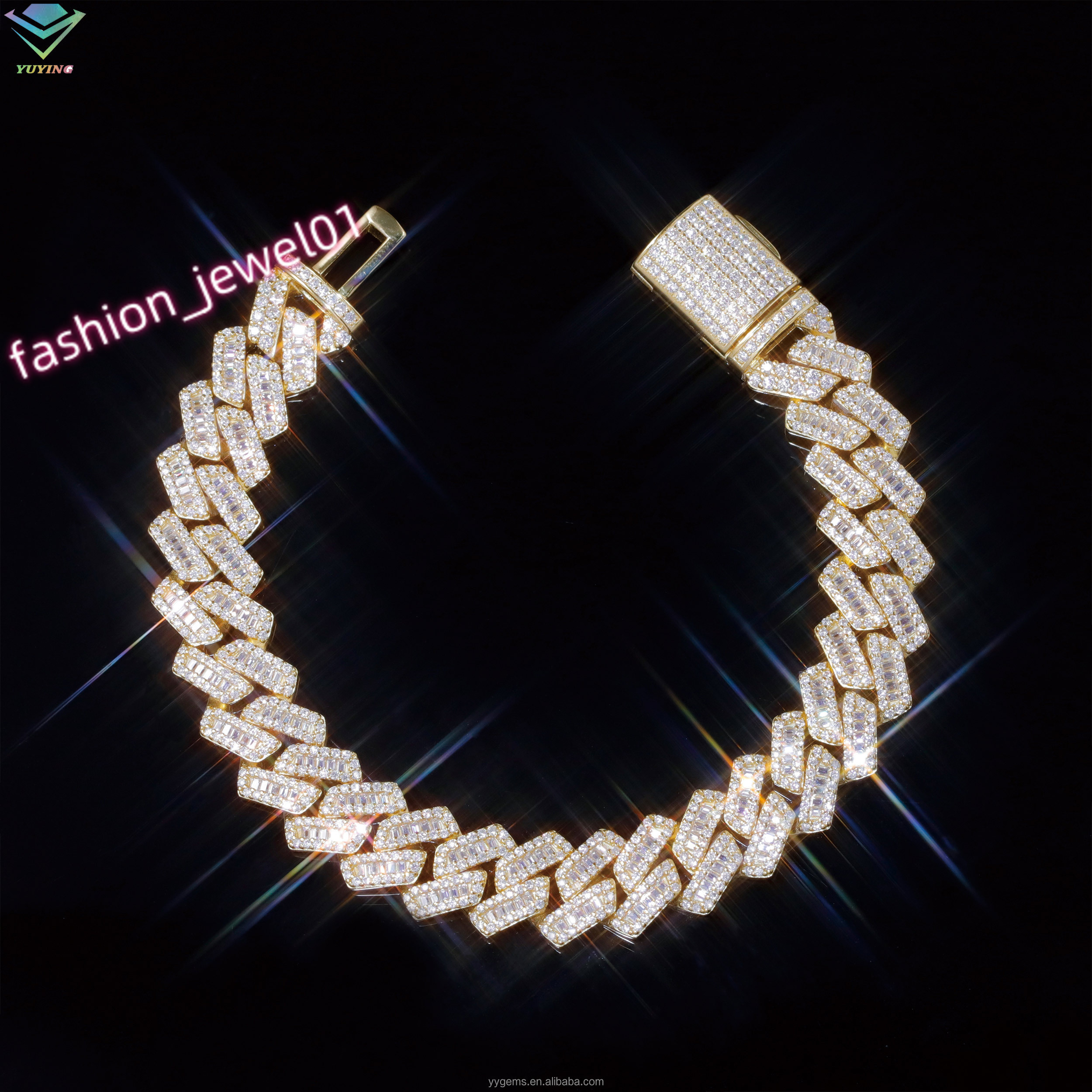 VVS Baguette Diamond S925 Sterling Silver Pass Diamond Tester VVS Moissanite Iced Out Cuban Link Bracelet For Mens