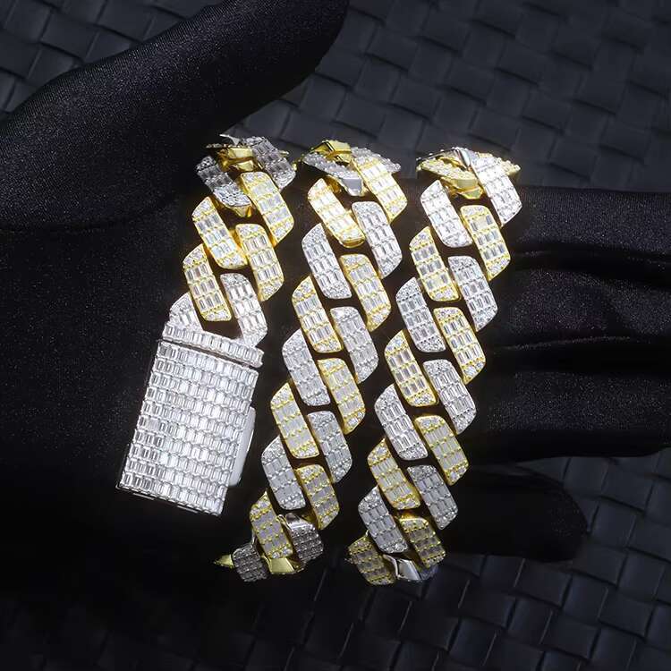Customized Hip Hop Jewelry 19mm Whitegold Plated Iced Out D VVS Moissanite Cuban Link Chain Necklace baguette Cuban Chain